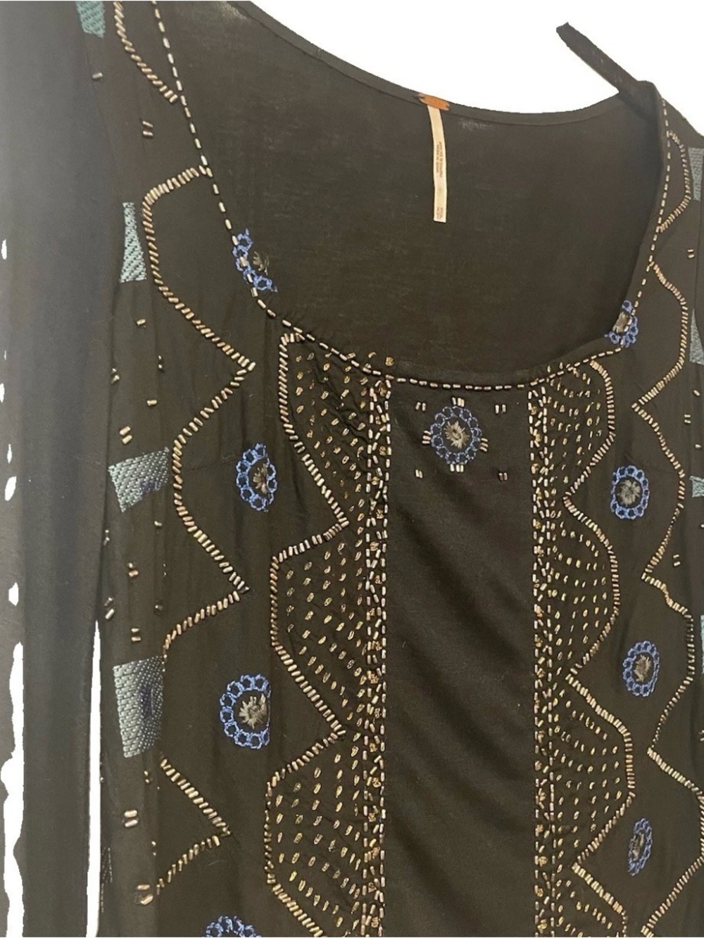 Free People Black Beaded Bell Sleeve Boho Blouse Top Square Neck Sz XS - Picture 6 of 10